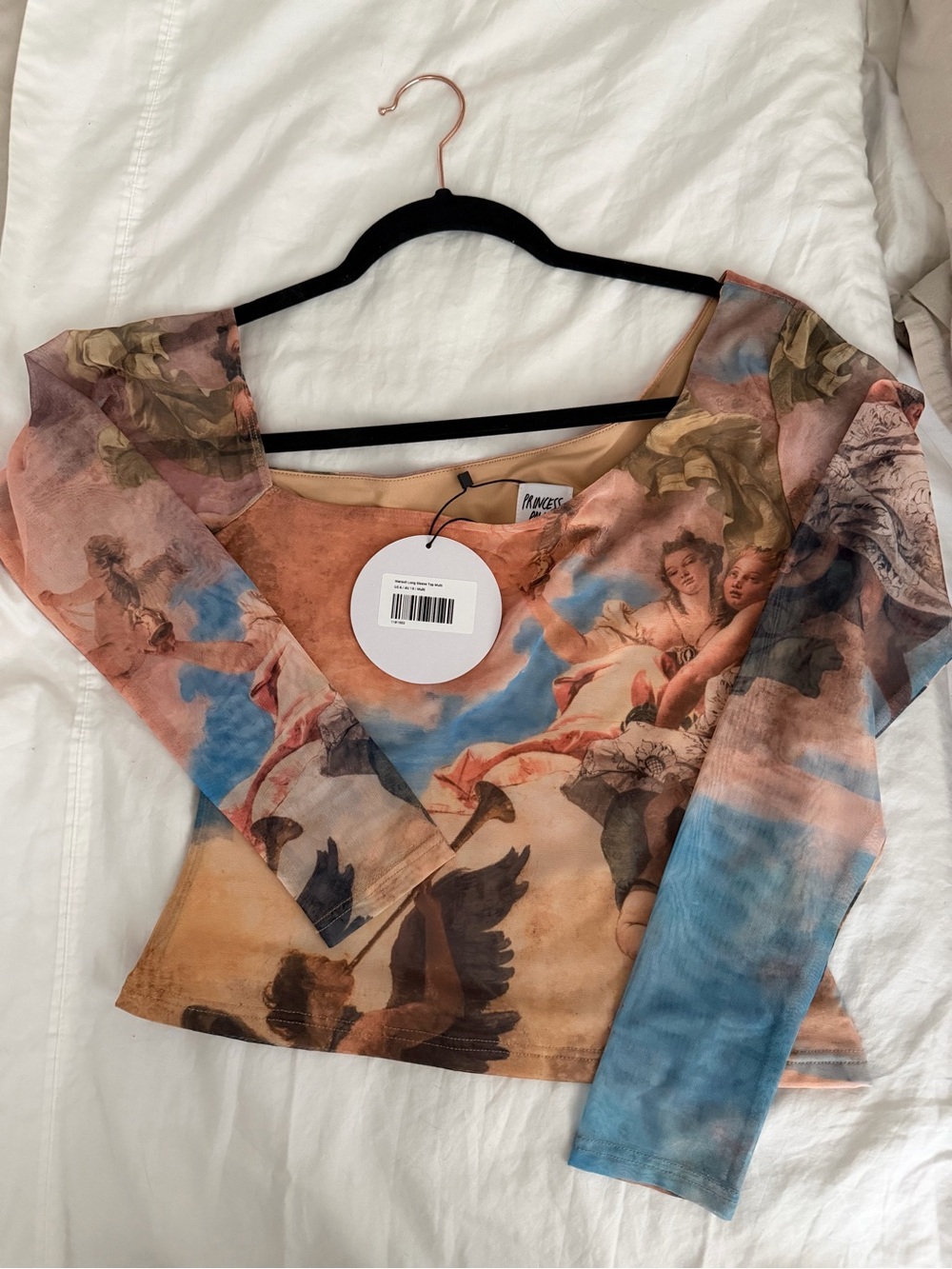 Princess Polly Sheer Mesh Long-Sleeve Printed Crop Top in Blue, Pink, Tan